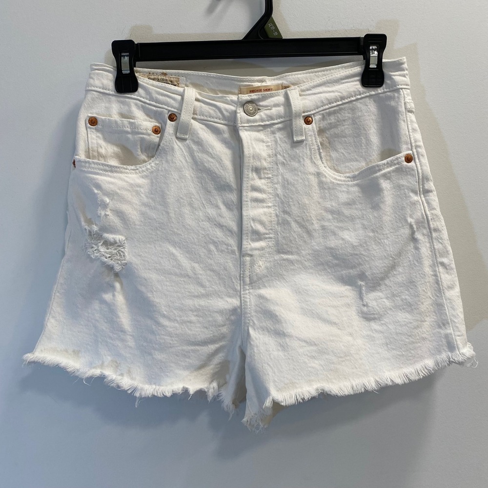 Levi's Ribcage Shorts Women 28 White Distressed Denim High Rise Raw Hem Summer